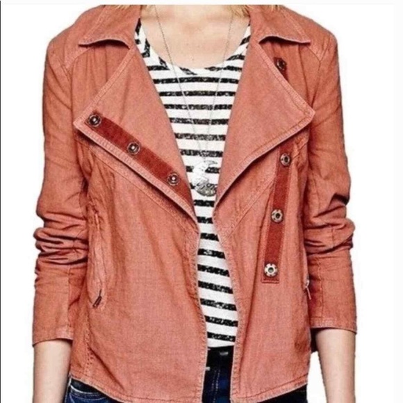 FREE PEOPLE LINEN ROSEWOOD LIGHT WEIGHT MOTO JACKET SIZE LARGE BOHO FESTIVAL - Picture 1 of 12